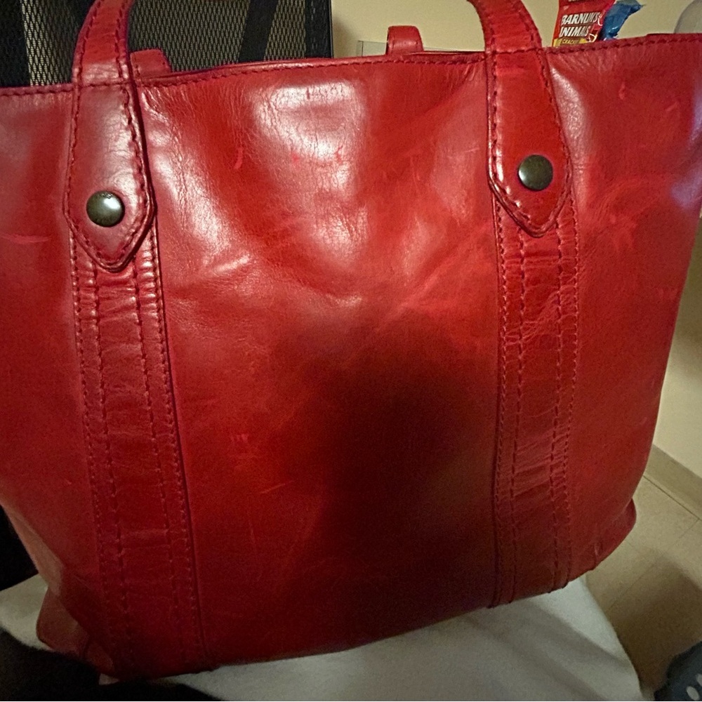 Frye Red Leather Tote with Glossy Finish and Metal Details